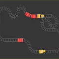 Toy Train Tracks With Curved Black Rails And Multiple Red Yellow Blue Carriages