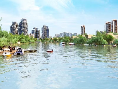 Stunning Urban Waterfront Scenery With Boats High Rise Buildings Green Trees And People 3d model