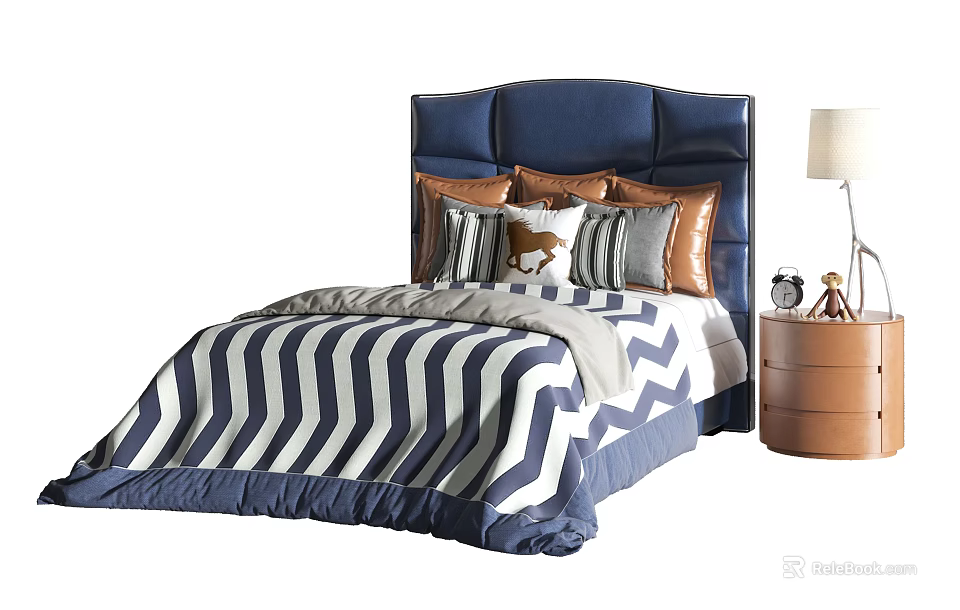 Double Bed With Navy Blue Upholstered Headboard Chevron Striped Bedspread Multiple Pillows Brown Nightstand White Lamp Clock Decor 3d model 