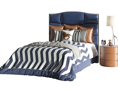 Double Bed With Navy Blue Upholstered Headboard Chevron Striped Bedspread Multiple Pillows Brown Nightstand White Lamp Clock Decor 3d model