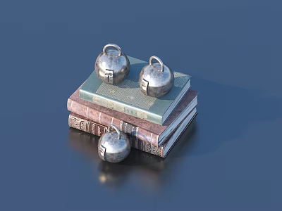 Stack of Books Featuring Three Shiny Silver Bells on Top and Beside 3d model