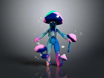 Fantasy Character With Mushroom Creature Blue Purple Body And Skeletal Structure Surrounded By Small Mushrooms 3d model