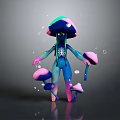 Fantasy Character With Mushroom Creature Blue Purple Body And Skeletal Structure Surrounded By Small Mushrooms