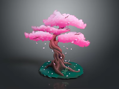 Cartoon Cherry Blossom Tree Scene With Pink Flowers Brown Trunk And Falling Petals 3d model
