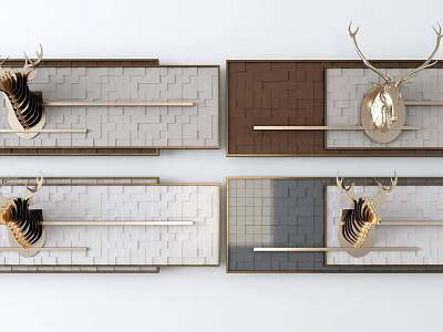 Modern Elegant Wall Decor With Deer Head Ornament Square Panel And Metal Strip 3d model