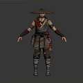 A Man Wearing Brown Traditional Clothing Conical Hat Red Accents Arm Wraps And Waist Pouch