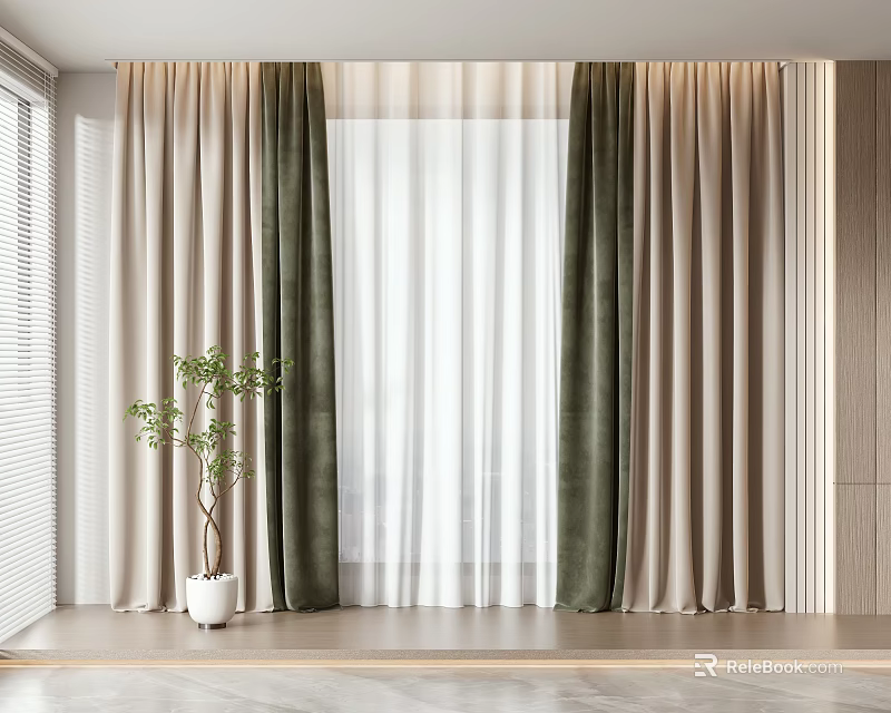 Green and Beige Curtains with Sheer Layers in Modern Indoor Window with Plant 3d model 
