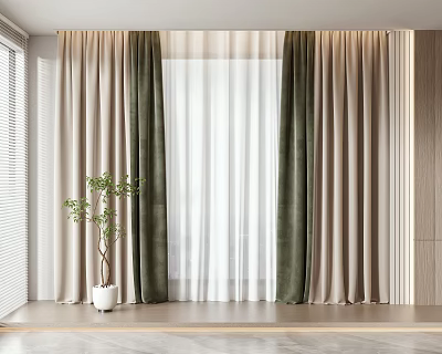 Green and Beige Curtains with Sheer Layers in Modern Indoor Window with Plant 3d model