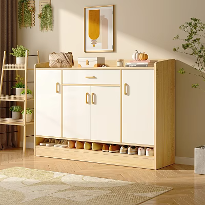 Modern Home Entryway Shoe Cabinet With Wooden Frame White Doors And Open Lower Shelf 3d model