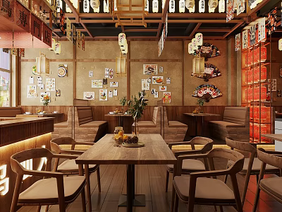 Traditional Japanese Restaurant Interior With Wooden Tables Chairs Hanging Lanterns And Wall Decor 3d model