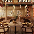 Traditional Japanese Restaurant Interior With Wooden Tables Chairs Hanging Lanterns And Wall Decor