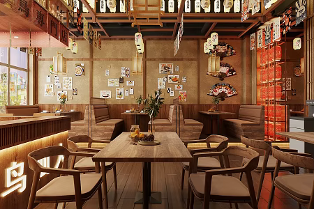 Japanese style Japanese food store Japanese food store table and chair bar stool chandelier Japanese style lantern Japanese style wall decoration Ukiyo-e doll ornaments 3d model