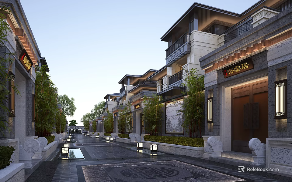 Traditional Chinese Terraced Townhouses Exterior With Street Trees Lighting And Decorations 3d model 