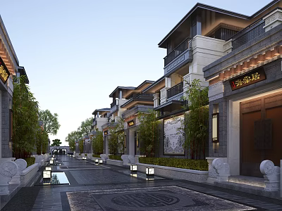 Traditional Chinese Terraced Townhouses Exterior With Street Trees Lighting And Decorations 3d model