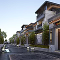 Traditional Chinese Terraced Townhouses Exterior With Street Trees Lighting And Decorations
