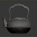 Antique Iron Teapot with Curved Handle and Matching Tray in Vintage Design