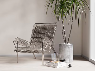 Modern Leisure Chair With Metal Frame And Woven Design By Potted Plant And Books 3d model