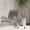 Modern Leisure Chair With Metal Frame And Woven Design By Potted Plant And Books