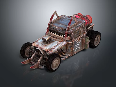 Modified Military Vehicle With Spiked Front Large Tires Rustic Metal Frame And Red Accents 3d model