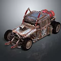Modified Military Vehicle With Spiked Front Large Tires Rustic Metal Frame And Red Accents