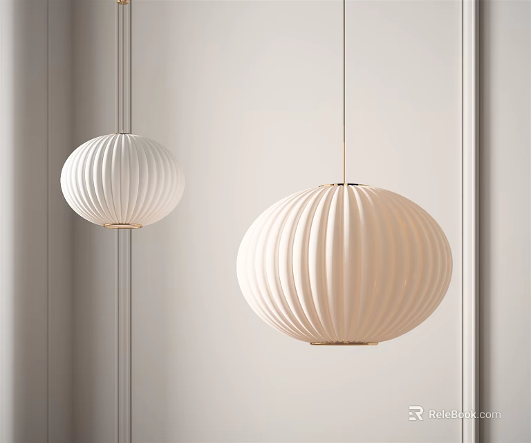 Two Round White Striped Pendant Lights In Minimalist Interior Design 3d model