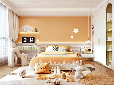 Kids Bedroom Interior With Orange Walls Star Decorations Bed Pillows Stuffed Toys And Bookshelves 3d model