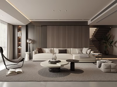 Modern Living Room Interior With Large Sofa Coffee Table Area Rug And Staircase 3d model