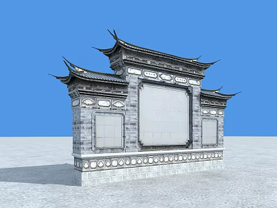 Chinese Traditional Scenic Wall With Carved Bricks Eaves And Blank Display Panel 3d model