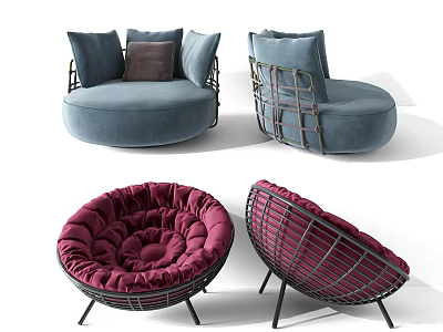 Modern Single Sofa With Round Design Wire Frame And Padded Blue Purple Seats 3d model