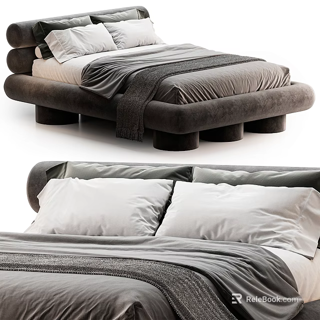Modern Upholstered Double Bed With Soft Mattress Plush Pillows And Cozy Bedding 3d model 