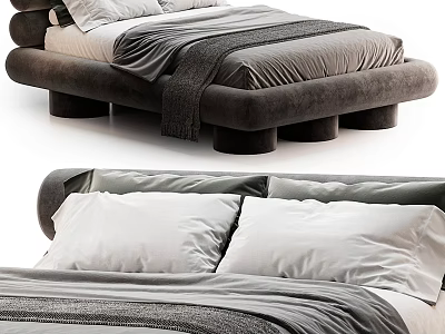 Modern Upholstered Double Bed With Soft Mattress Plush Pillows And Cozy Bedding 3d model
