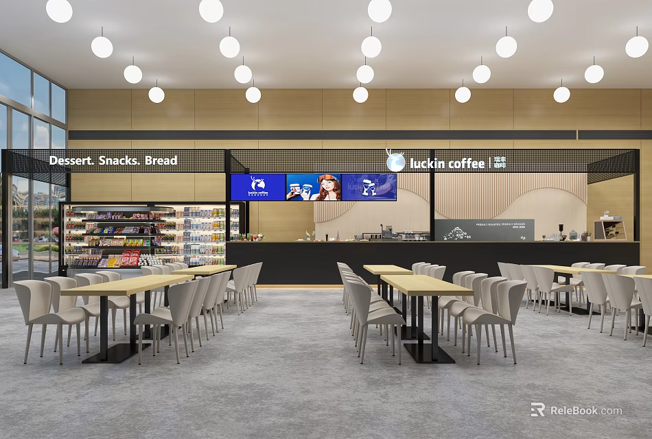 Spacious Modern Cafe Interior With Dessert Snacks Bread Tables Chairs And Pendant Lights 3d model 