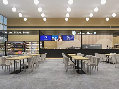 Spacious Modern Cafe Interior With Dessert Snacks Bread Tables Chairs And Pendant Lights 3d model