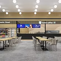 Spacious Modern Cafe Interior With Dessert Snacks Bread Tables Chairs And Pendant Lights