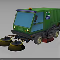 Green Street Sweeper Truck With Blue Windows Yellow Sweeping Brushes City Clean Logo And Warning Light