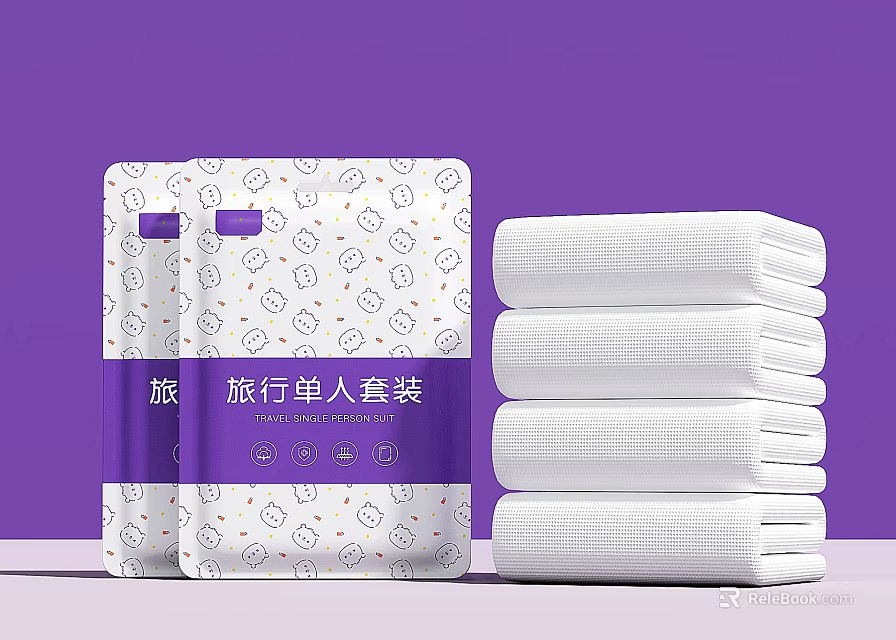 White Travel Towel Single Person Set With Stacked Packs And Packaged Design 3d model 