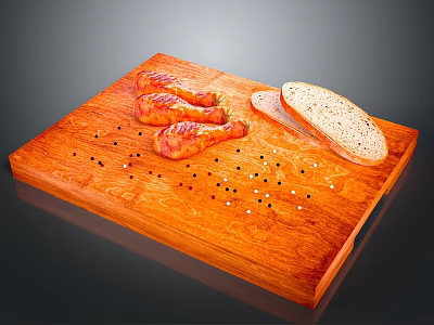 Roasted Chicken Drumsticks on Wooden Cutting Board with Bread Slices and Black Peppercorns 3d model