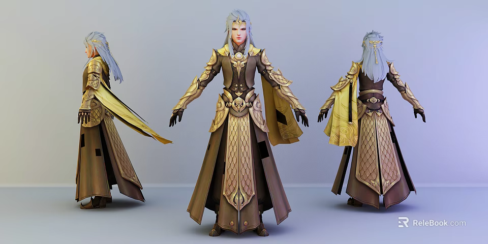 Fantasy Role Character And Mythical Creature In Ornate Brown Gold Robe With Silver Hair 3d model 