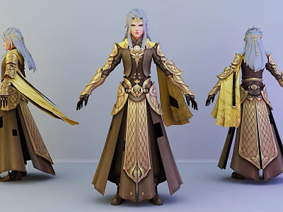 Fantasy Role Character And Mythical Creature In Ornate Brown Gold Robe With Silver Hair 3d model