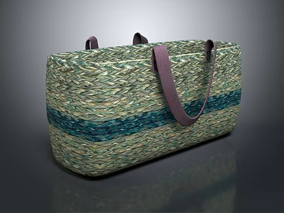 Stylish Woven Tote Bag With Green And Blue Stripes And Purple Straps 3d model