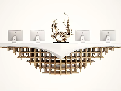 Modern Stylish Reception Desk With Four Computer Monitors Central Decorative Sculpture And Wooden Grid Base 3d model