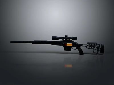 Black Sniper Rifle With Scope And Orange Glowing Component On Reflective Gray Surface 3d model