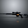 Black Sniper Rifle With Scope And Orange Glowing Component On Reflective Gray Surface