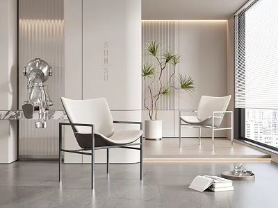 Minimalist White Leisure Chairs With Metal Frames In Modern Interior Space And City View 3d model