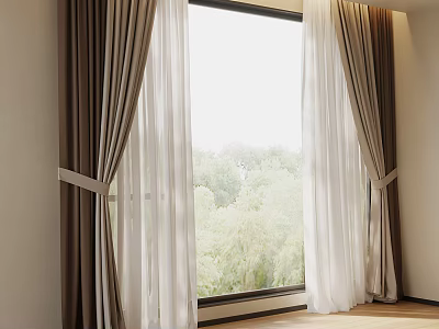 Brown And White Curtain Design With Window Tiebacks And Green Trees View 3d model
