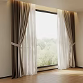 Brown And White Curtain Design With Window Tiebacks And Green Trees View
