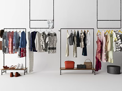 Stylish Clothing Rack Display With Hanging Dresses Shirts Jackets Bags And Shoes 3d model