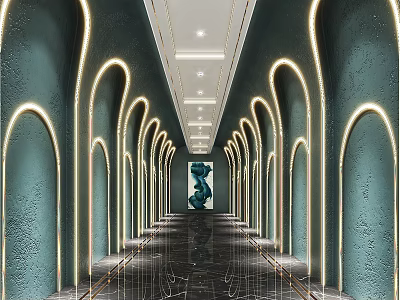 Modern Elevator Corridor Featuring Arched Structures Teal Walls And Marble Floor With Decorative Painting 3d model