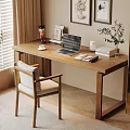 Wooden Study Desk With Laptop Books Potted Plant And Comfortable Chair Near Window