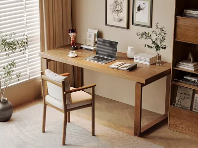 Wooden Study Desk With Laptop Books Potted Plant And Comfortable Chair Near Window 3d model
